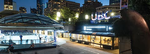 UBC Robson Square entrance and skating rink at night