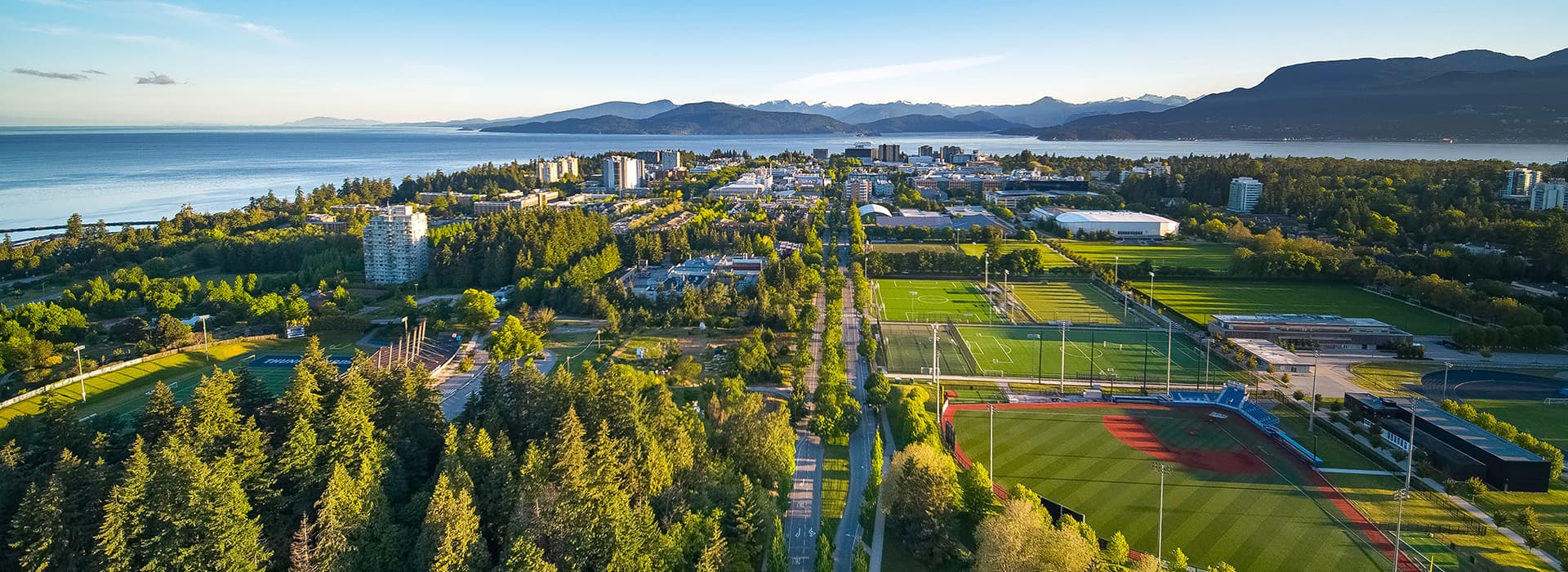 Aerial shot overseeing sports fields on UBC Vancouver campus