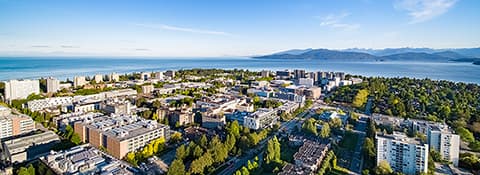 Aerial shot of UBC Vancouver campus on a sunny day