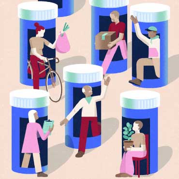 Illustration of prescription bottles with people living in it.
