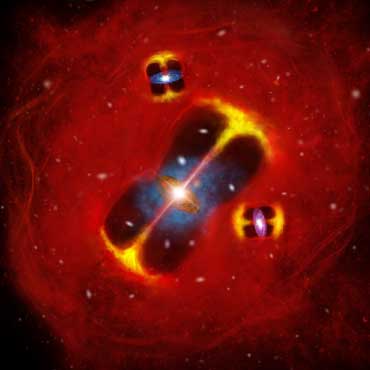 Artist&rsquo;s impression of a forming galaxy cluster in the early universe: radio jets from active galaxies are embedded in a hot intracluster atmosphere (red), illustrating a large thermal reservoir of gas in the nascent cluster.