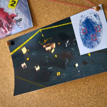 Crime scene photographs, evidence markers and a fingerprint diagram